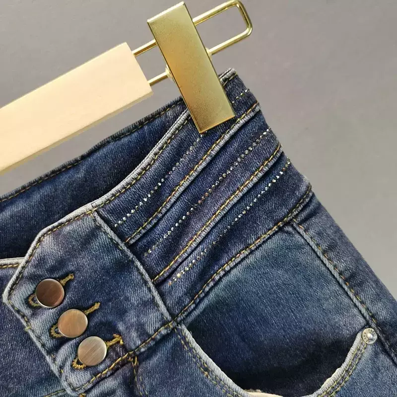 2024 primavera autunno nuovi pantaloni in Denim blu a vita alta Jeans da strada con perforazione a caldo da donna Jeans Skinny elasticizzati in cotone Blingbling blu