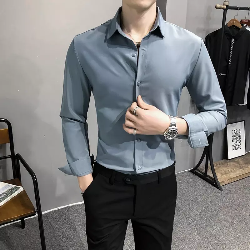 Мужская Однотонная рубашка 5XL-M с длинным рукавом, новая приталенная Повседневная деловая рубашка, Классическая рубашка