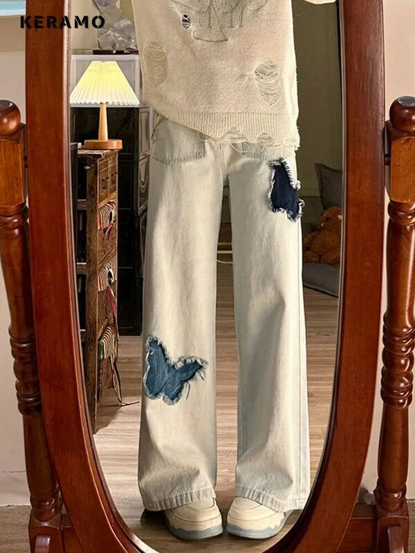 Celana Jeans Harajuku wanita pinggang tinggi, celana Denim longgar Punk perca kupu-kupu Y2K biru antik gaya kasual Musim Panas 2024