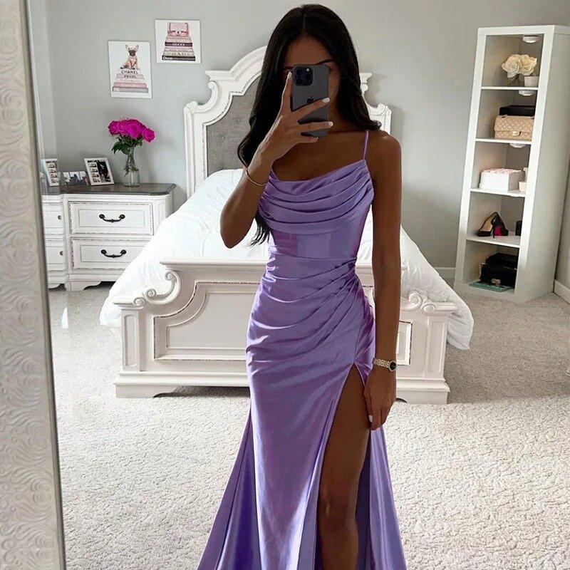 Wakuta Fashion Women's European and American Strapless Pleated and Split Satin Formal Evening Gowns Graduation Ceremony Vestidos