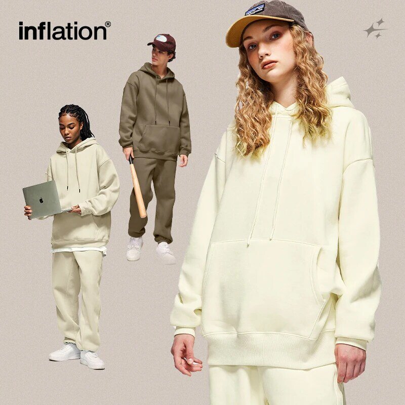 INFLATION-Conjunto de chándal de lana gruesa para hombre, traje de Jogging de Color caramelo a la moda, conjunto de sudaderas con capucha de terciopelo a juego, Unisex, Invierno