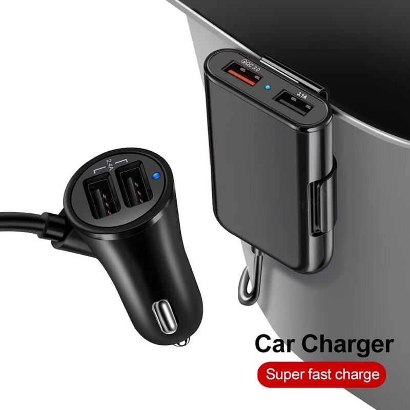 12 To USB Car Charger With Cable QC3.0 Fast Charge Front And Rear Car Charger Flash Charging Four Ports