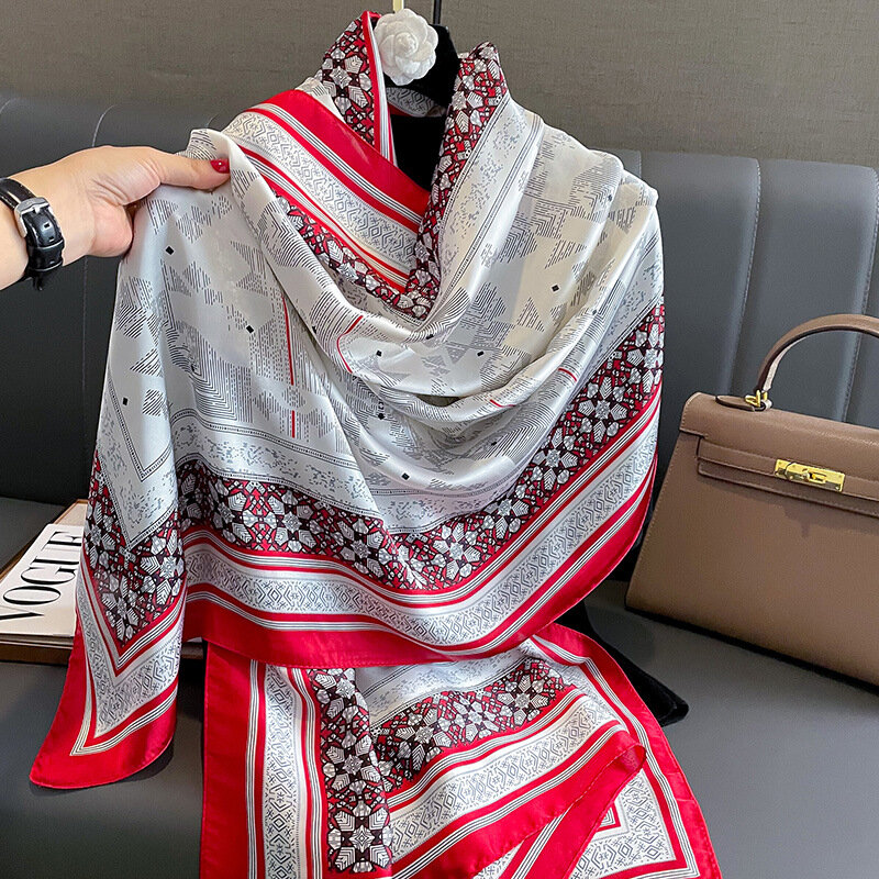 2024 Popular 180X90CM Warm Hijab Luxury Brand Women Print Silk Scarf Fashion Satin Finish Shawls The Four Seasons Design Scarves