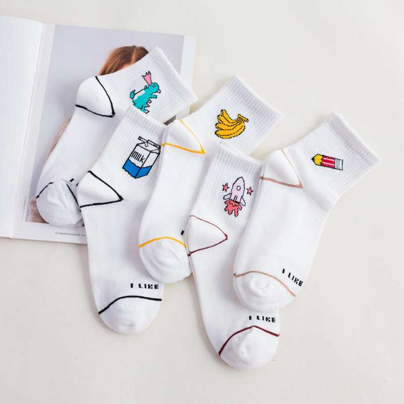 Female Pure Cotton Socks with A Cute Korean Pencil and Fruit Pattern for Students in Spring and Summer