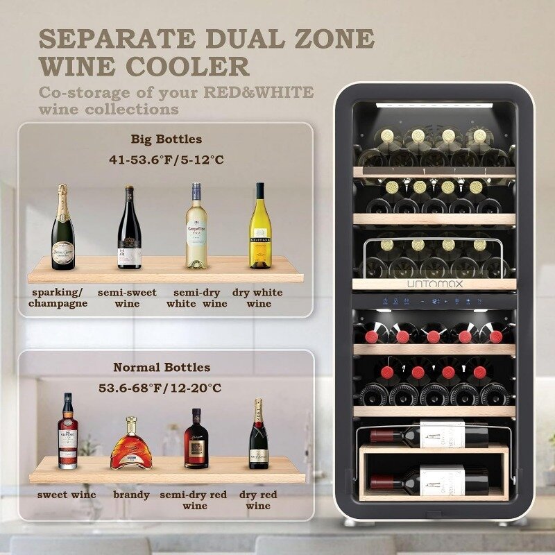 Dual-zone wine cabinet refrigerator with 56 bottles of wine, independent wine cellar, temperature memory silent compressor
