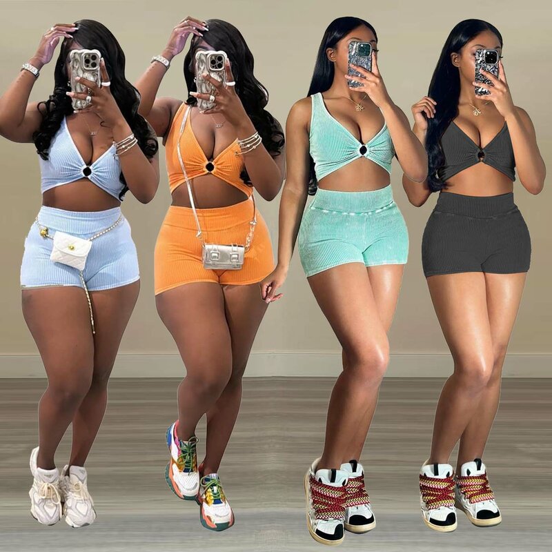 Crop Tops Summer Ribbed 2 Piece Pant Set Outfits Women Y2K Streetwear Sexy Club Elegant Crop Shirts Two Piece Set Shorts Pant