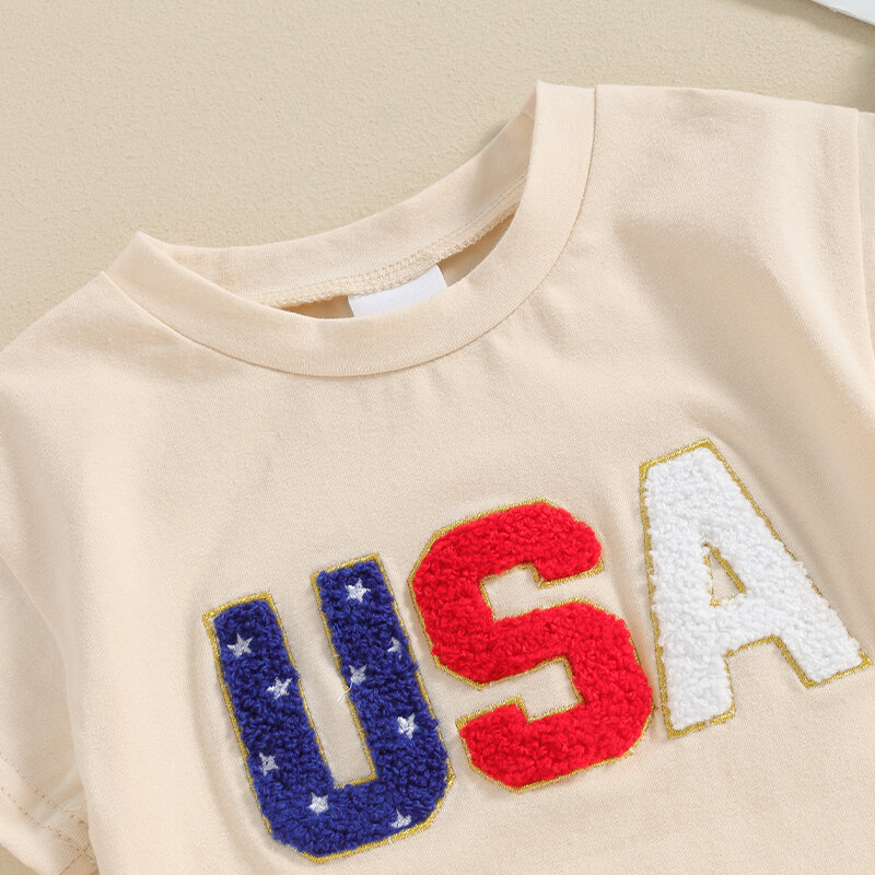 VISgogo Baby Girls and Boys Romper Round Neck Short Sleeve Letter Embroidery Jumpsuit Newborn 4th of July Clothing for Summer