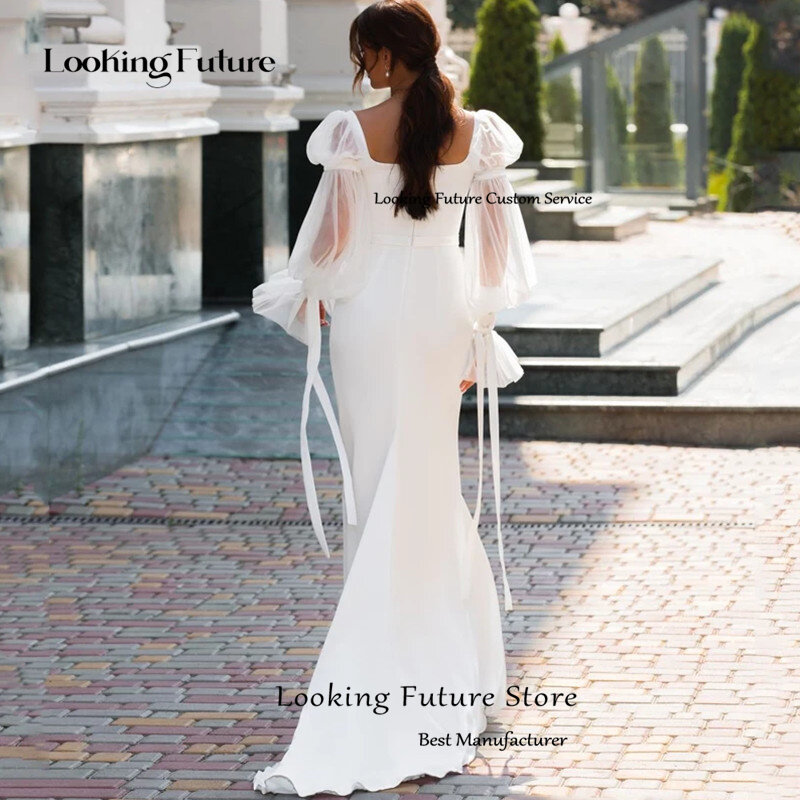 Простое белое свадебное платье с пышными рукавами, женское Привлекательное платье с открытой спиной и квадратным вырезом, иллюзионное официальное свадебное платье, 2024