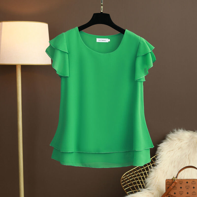 New Summer Women Blouse Loose O-Neck Chiffon Shirt Female Short Sleeve Blouse Oversized Shirts womens tops and blouses Top