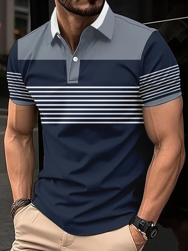 Camiseta polo listra masculina de mangas curtas, tops com estampas de botão, roupas grandes, camisas casuais golfe, moda rua, verão