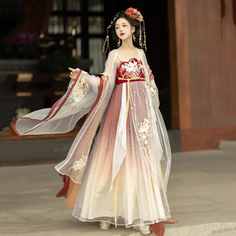 2023 Hanfu 여성 데일리 중국 전통 드레스, 당나라 스타일 레드 개선 허리 길이 긴 소매 정장 드레스 의상