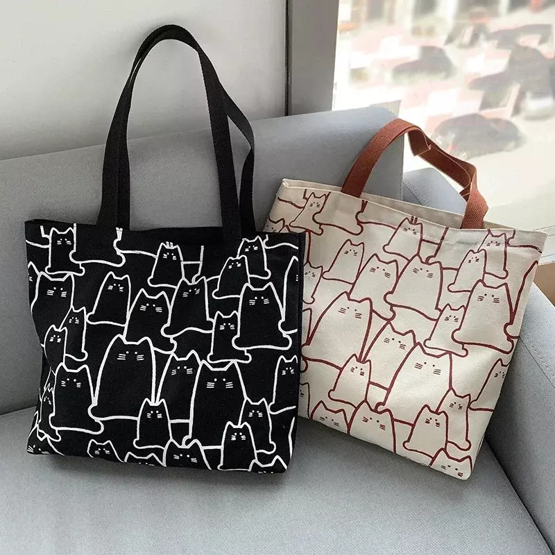 2024 New Canvas Bags Handbag for Women Shopper Cute Cat Tote Bag with Zipper Designer Bag Japanese Style Cartoon Small Shoulder
