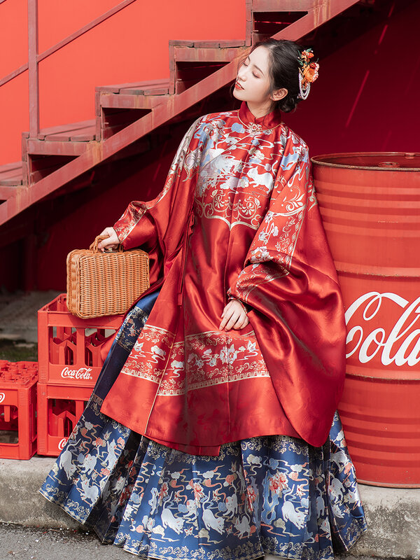 Original Chinese Traditional Ming Dynasty Stand-up Collar Long Coat Woven Golden Horse Face Skirt Palace Red Hanfu Suit Women