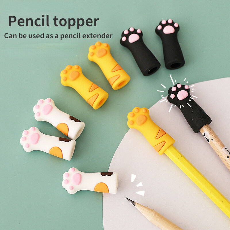 3pcs Pen Cover Silicone Cap Neutral Pencil Cover Unusual School Supplies Soft Rubber Cute School Korea Cartoon Paw Pencil Topper
