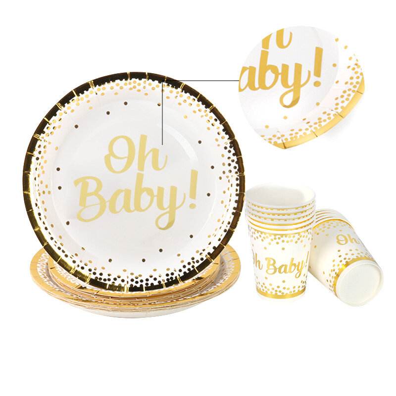 เด็ก Gold ทิ้งชุดแผ่นกระดาษถ้วย Boy Girl Baby Shower Favor วันเกิด Party ช้อนส้อมเพศเปิดเผยอุปกรณ์