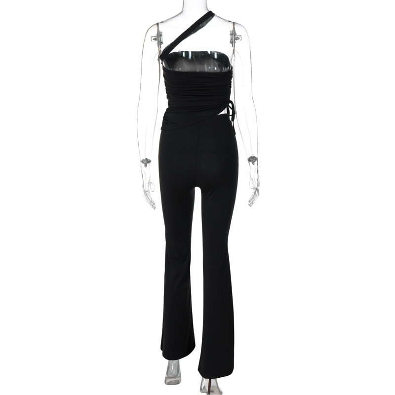 Conjunto casual de streetwear de 2 peças para mulheres, um ombro, cordão sem alças, tops irregulares ruched, calças flare, fatos de treino fashion