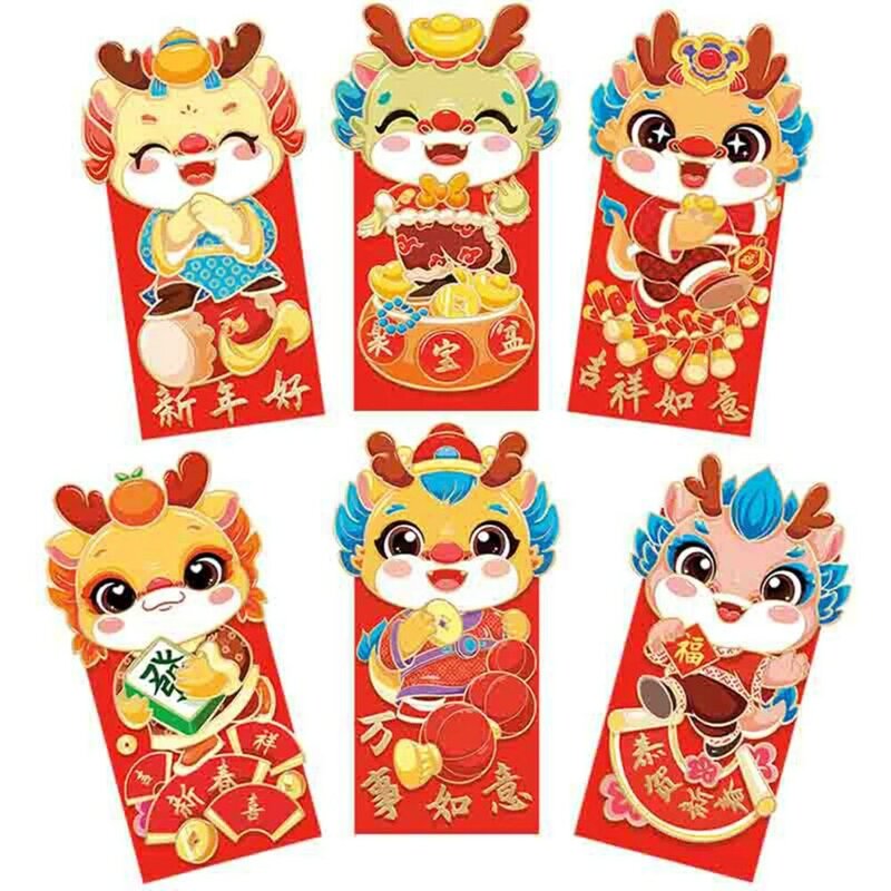 6 pezzi di buste rosse di capodanno cinese anno di drago Cartoon 3D buste tascabili rosse fortuna borsa per soldi per il Festival di primavera del partito