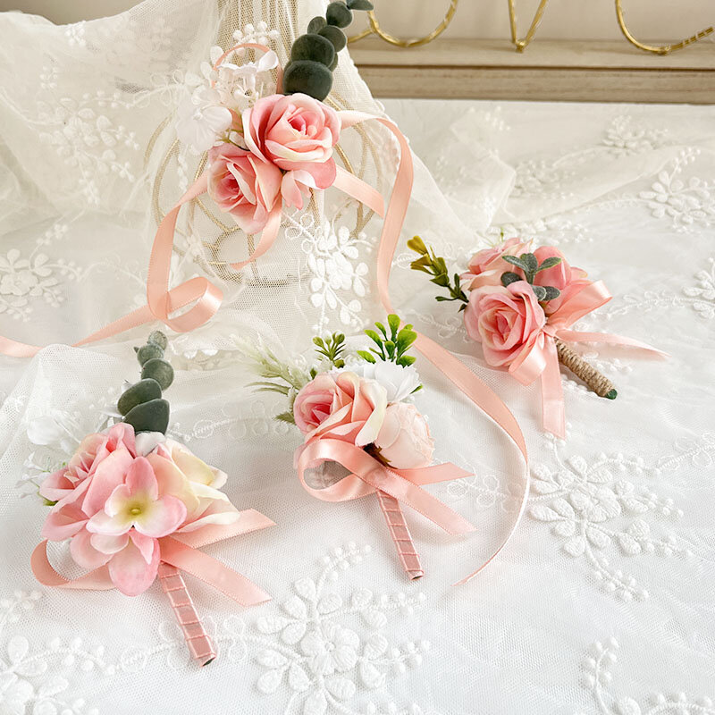 Men Wedding Boutonniere Wrist Corsage Bracelets For Bridesmaids Champagne Pink Buttonhole Party Accessories Artificial Flowers