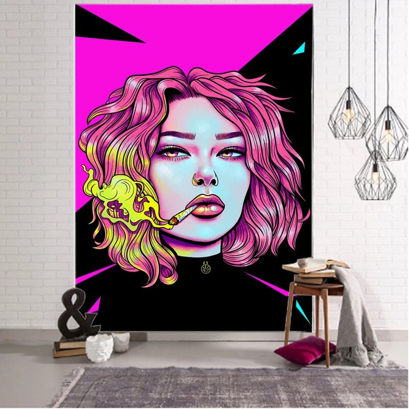 Cool pink smoke girl background decoration tapestry, smoking girl background decoration tapestry