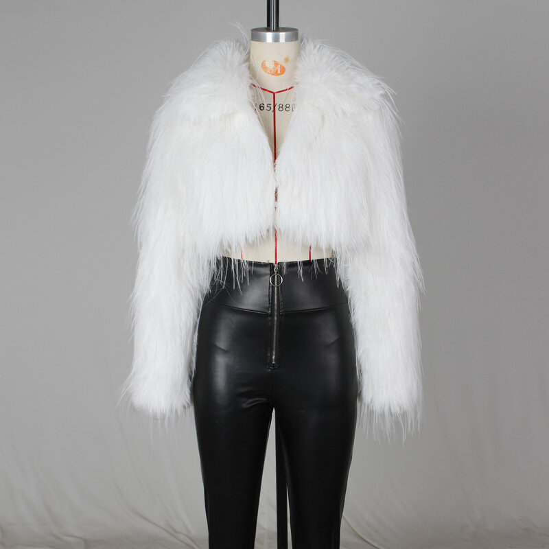 2024 moda jednolity kolor z długimi rękawami krótki płaszcz z futrem kobiet jesień i zima eleganckie w stylu celebrytek puszyste kurtki do klubu na imprezę