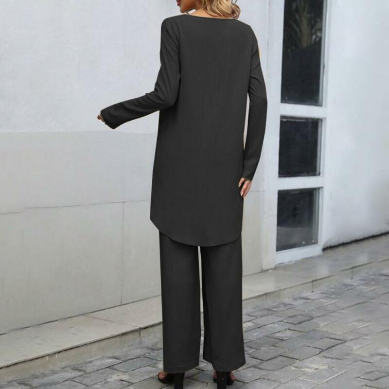 Commuter Long-sleeved Top Trousers Set Elegant Women's Top Pants Set with Irregular Hem Blouse Wide Leg Trousers for Women