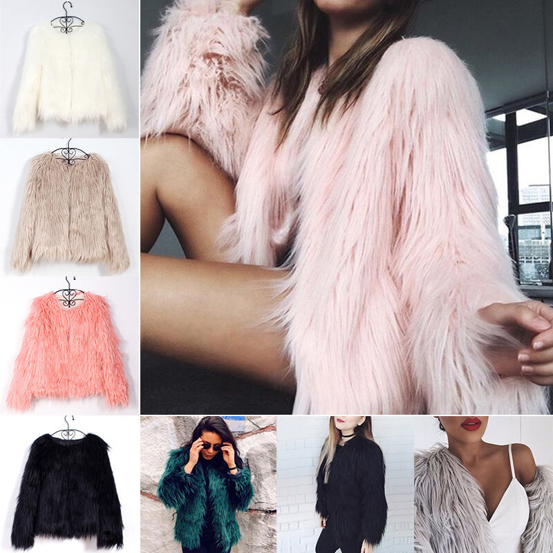Casaco de pele sintética de manga comprida feminino, casaco fofo quente, sobretudo sem gola, casaco feminino, outono, inverno