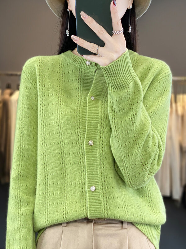 Kardigan tebal musim gugur musim dingin baru 2023 untuk wanita Sweater Wool leher-o berongga atasan rajut kasmir hangat untuk musim gugur dan musim dingin 100%