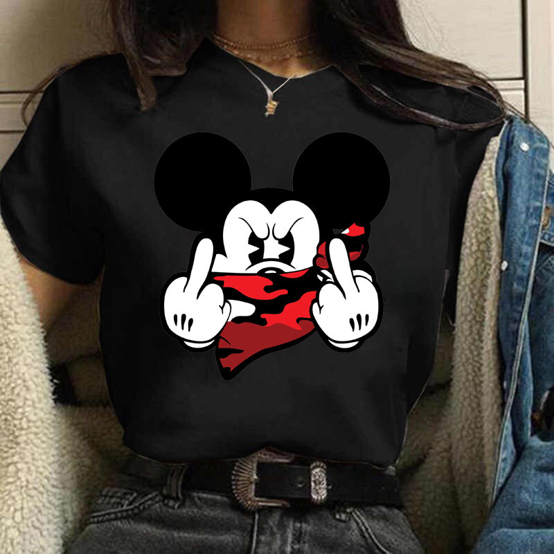 تي شيرت جديد من Minnie Mouse تي شيرت كاواي للسيدات مطبوع عليه رسوم ديزني تي شيرت أنيق للسيدات أسود تي شيرت ملابس خروج بأكمام قصيرة