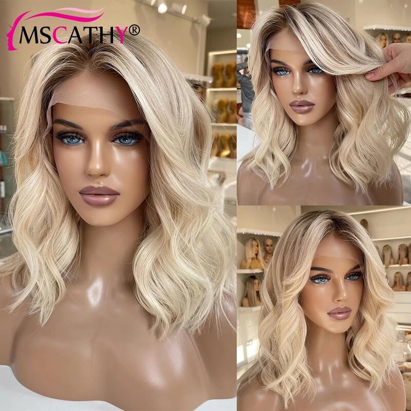 Wig Ash Blonde Ombre untuk wanita rambut manusia gelombang tubuh HD Wig Frontal renda transparan rambut Remy Brasil Wig Bob pendek Pre Pluck