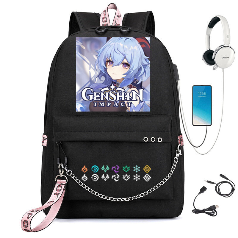 حقيبة ظهر USB بتأثير Genshin ، حقائب كتب مدرسية ، حقائب سفر مراوح ، سلسلة كمبيوتر محمول ، منفذ سماعة رأس