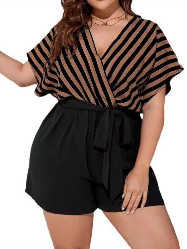 Plus Size Zomer V-Hals Jumpsuit Shorts Vrouwen Gestreepte Print Patchwork Mode Sexy Dames Jumpsuits Casual Vrouw Jumpsuit Shorts