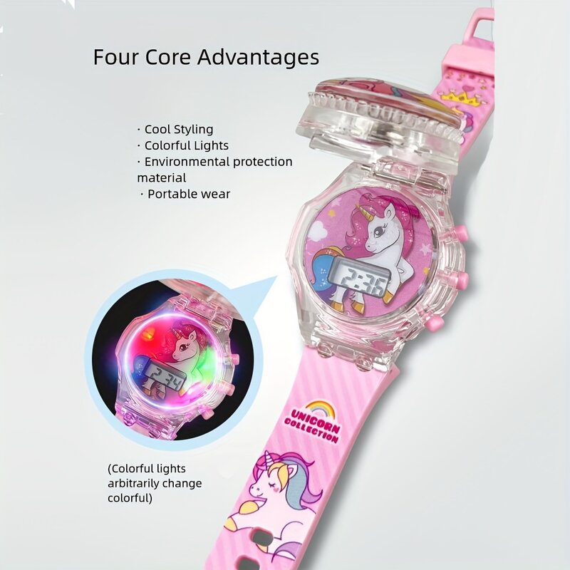 Reloj electrónico de música luminosa giratorio con tapa, lindo reloj de unicornio de dibujos animados de moda, suministros escolares, regalo de fiesta