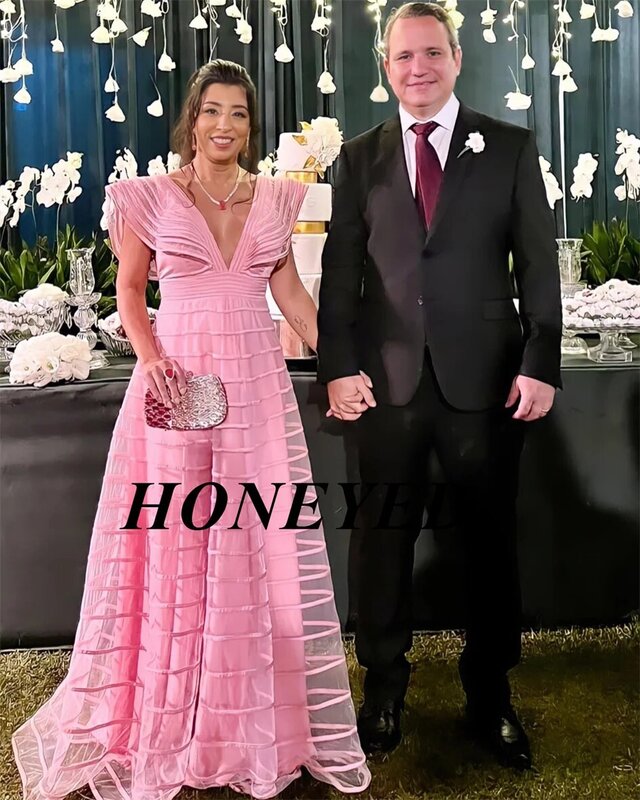 HONEED-A linha de mangas curtas até o chão vestido de baile para mulheres, vestidos de noite para mãe da noiva, convidado simples do casamento, 2024