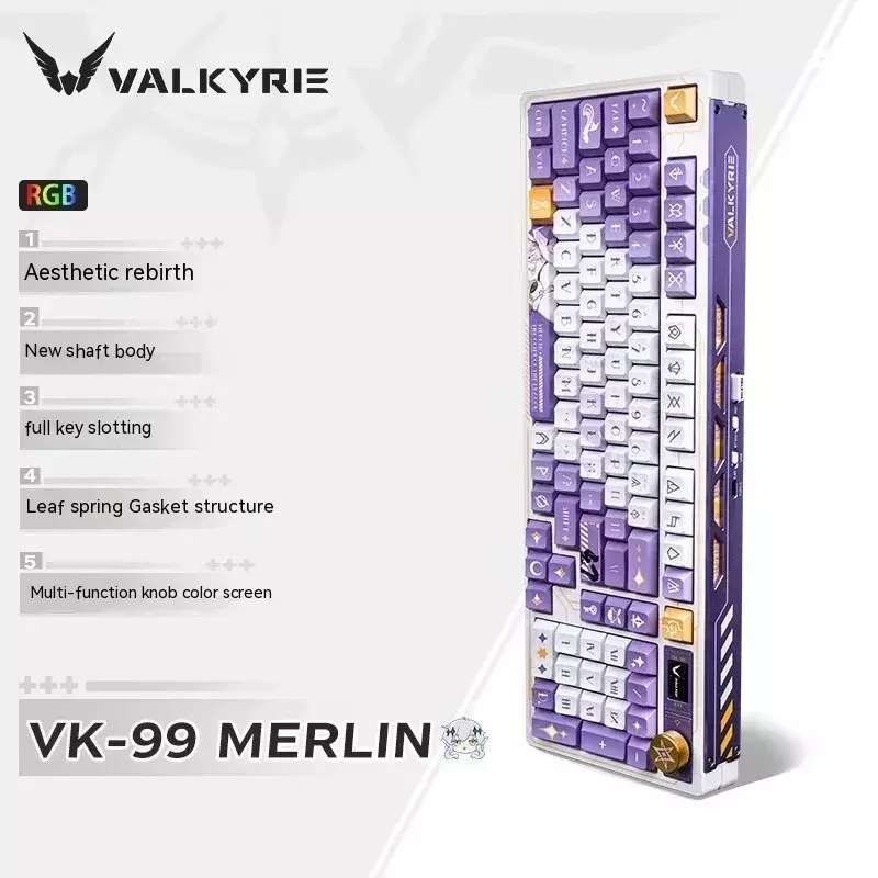 Valkyrie คีย์บอร์ดสำหรับเล่นเกม VK99, คีย์บอร์ดบลูทูธไร้สายมีโหมด TFT 3 2.4G สลับร้อน RGB backlit คีย์บอร์ดเกม