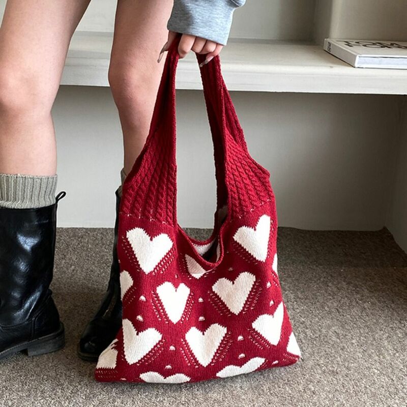 Large Capacity Knitted Shoulder Bags Fashion Shopping Tote Love Pattern Women Crochet Bag Travel Student Books Bag Beach