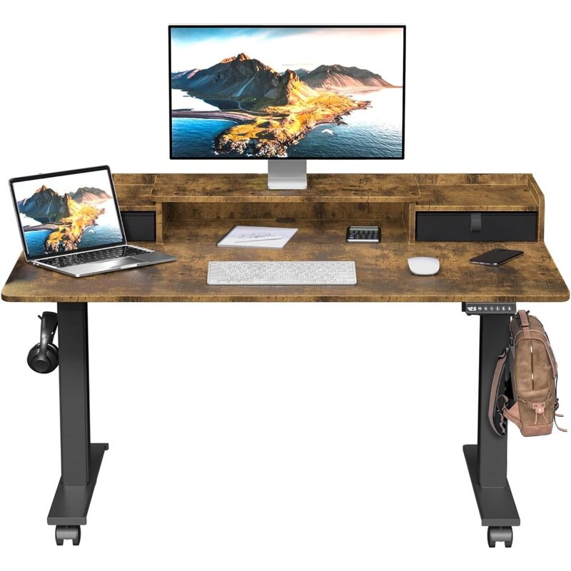 Escritorio de pie eléctrico con 2 cajones, escritorio de pie ensanchado de altura ajustable con estante de almacenamiento, 48x30 pulgadas