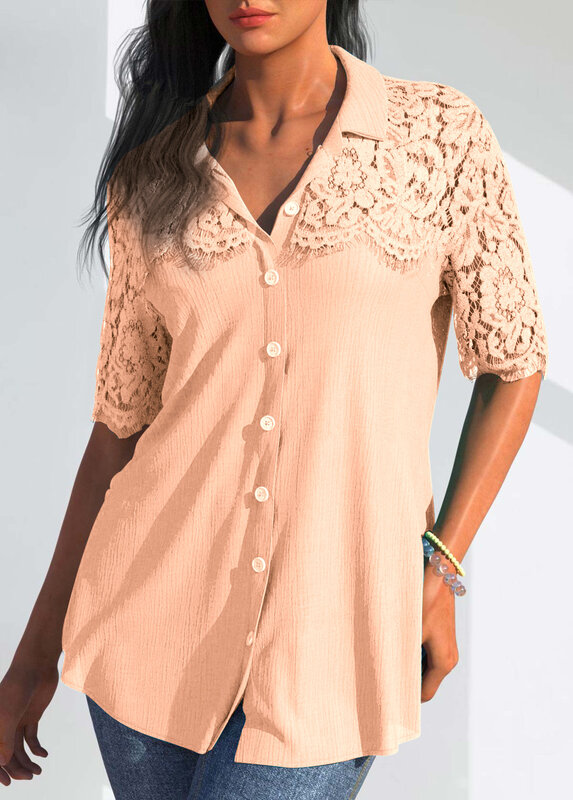 Blusa de renda floral casual feminina estampada, camisa confortável solta, meia manga, camisa elegante na moda, nova, verão, primavera