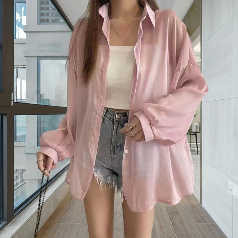 Stylish Perspective Thin Type Shawl Sunscreen Shirt Cardigan Solid Color Buttons Placket Sunscreen Outwear Female Clothing