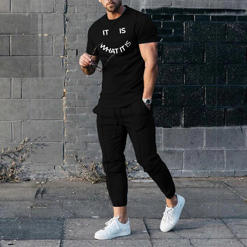 Roupas masculinas de streetwear de 2 peças, camiseta de manga curta, calças compridas, traje de treino, camiseta impressa em 3D, roupas esportivas, 2023