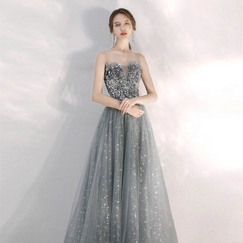 New Summer Dress Female Toast Dress Silver Gray One-Shoulder Long Skirt To Host The Fairy Temperament Dinner Annual Meeting