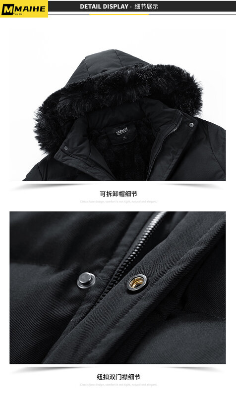 2023 Winter Long Men's Jacket Korean Fashion Fur Collar Hooded Windproof Padded Jacket Men's Camping Ski Fleece-lined Warm Coat