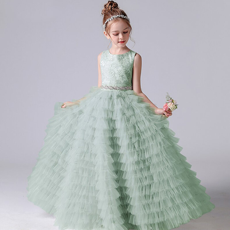 Gaun bunga Tulle 2024 anak perempuan, Gaun putri Tiered untuk pesta ulang tahun tanpa lengan, gaun pengiring pengantin Junior
