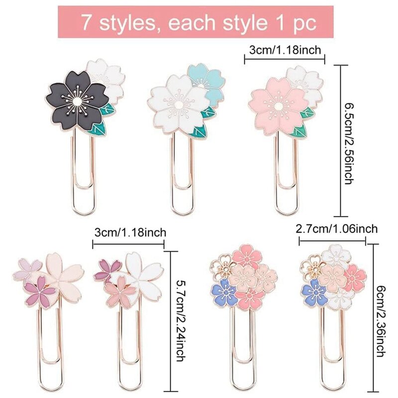 7Pcs Cherry Blossom Paper Clips, Cute Colorful Sakura Paperclip Planner Parts For Office Supplies Students Marking