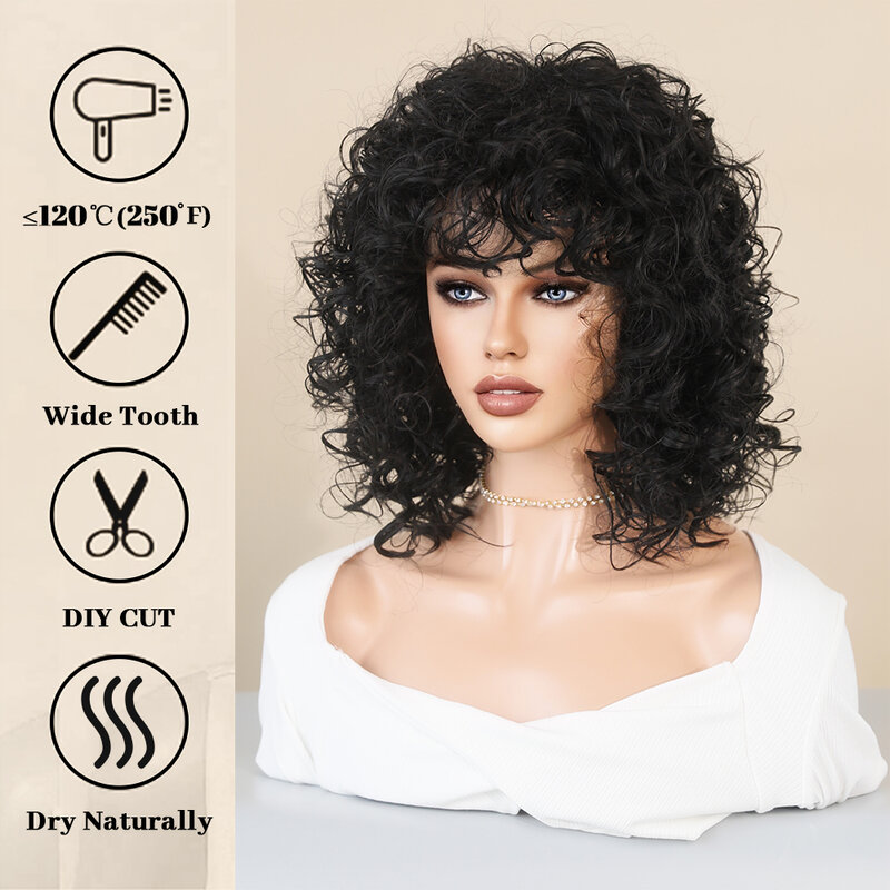 Naturalne czarne krótkie peruka z kręconych włosów dla kobiet żaroodporne syntetyczne peruka z grzywką Party codzienne użytkowanie Afro kobiece peruka