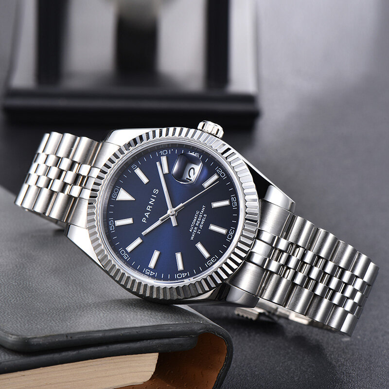 Relógio mecânico automático para homens, pulseira de aço inoxidável, mostrador azul, calendário, nova moda, 39,5mm