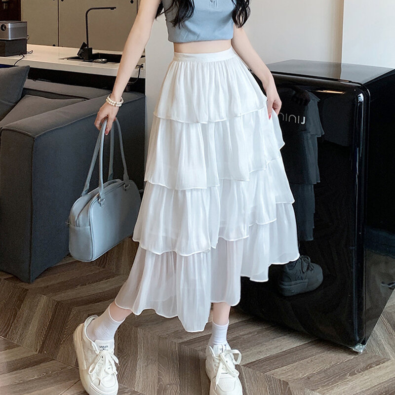 Fashion Elastic Solid Color Sweet Gauze Ruffles Skirts Female Clothing 2024 Summer New Loose All-match High Waist Skirts