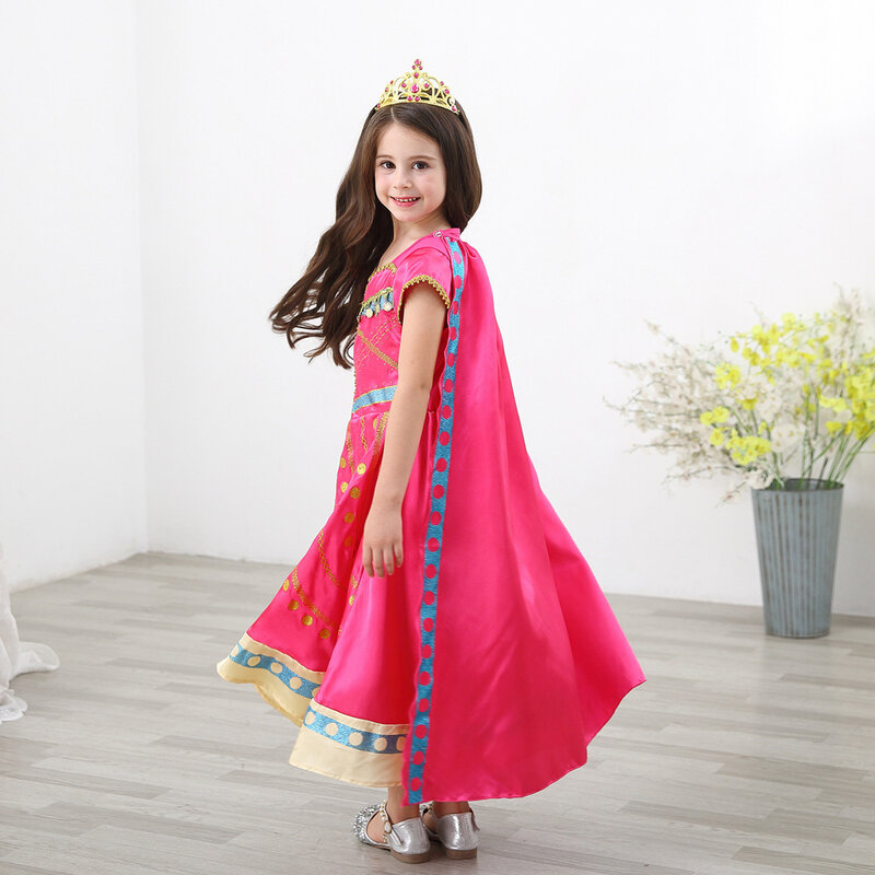 Vestido de princesa Jasmine feminino, Aladdin, lindo vestido rosa, LED Light, Traje de coroação, Roupas árabes infantis, Natal