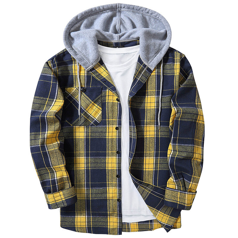Men Plaid Long Sleeve Hooded Shirts Button Work Drawstring Casual Tops Cardigan Button Down Work Coat Male Tops Hoodie