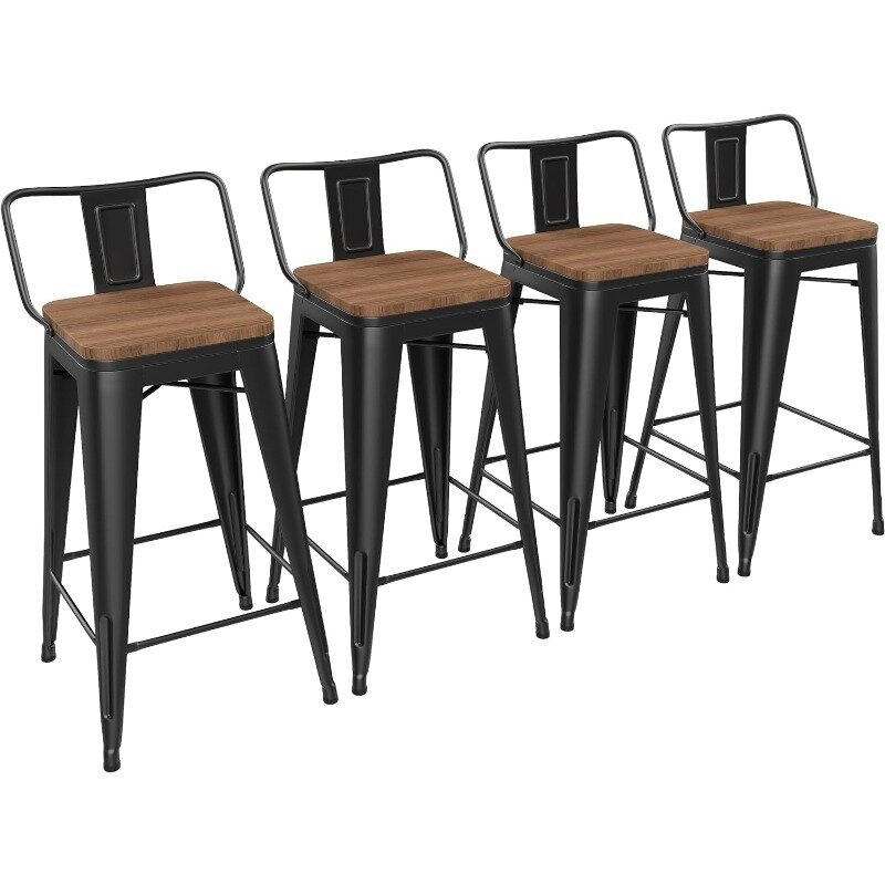Барные стулья 26 дюймов, барные стулья с деревянным сиденьем, металлические барные стулья с низкой спинкой, матовый черный
