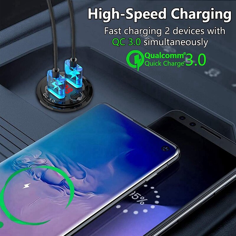 Dual USB Car Charger, soquete de alumínio com botão interruptor, voltímetro digital vermelho, impermeável, 3X Quick Charge 3.0, 12V